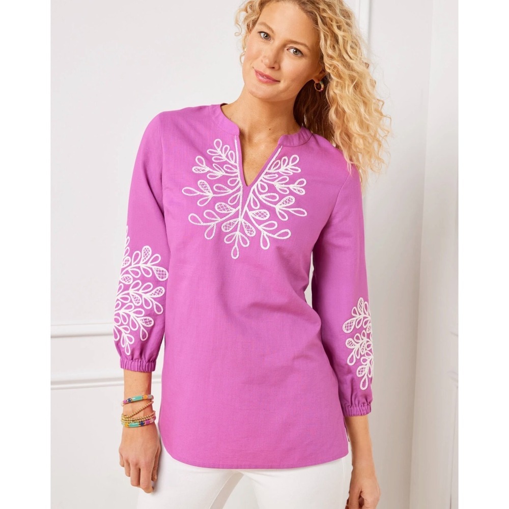 Talbots Linen Embroidered Tunic Blouse Lightweight Summer Peasant Lagenlook 2X